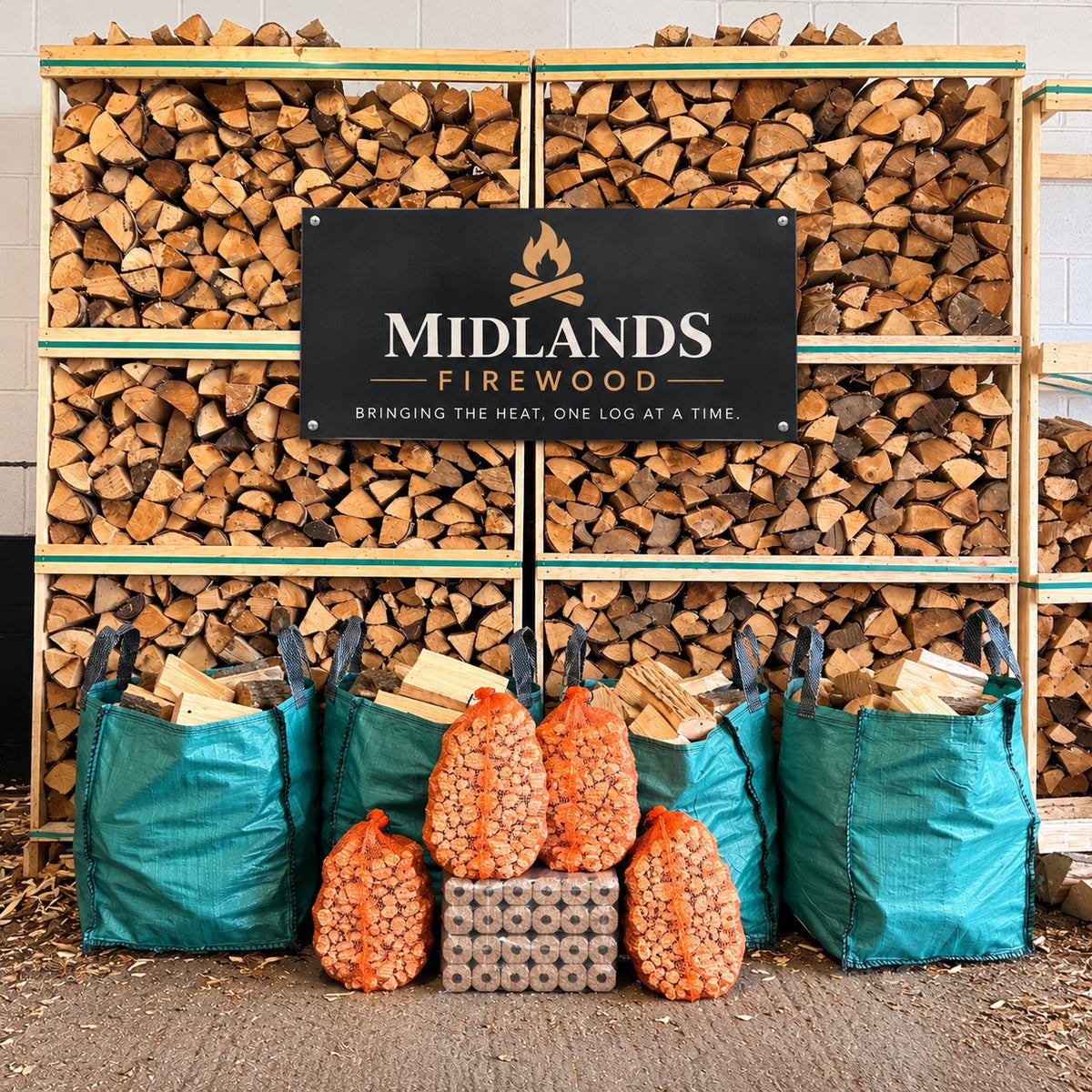 Four green barrow bags of kiln-dried hardwood with four kindling packs and twelve heat briquettes