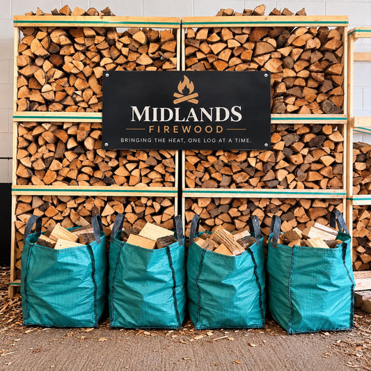 Four green barrow bags filled with kiln-dried hardwood logs at Midlands Firewood