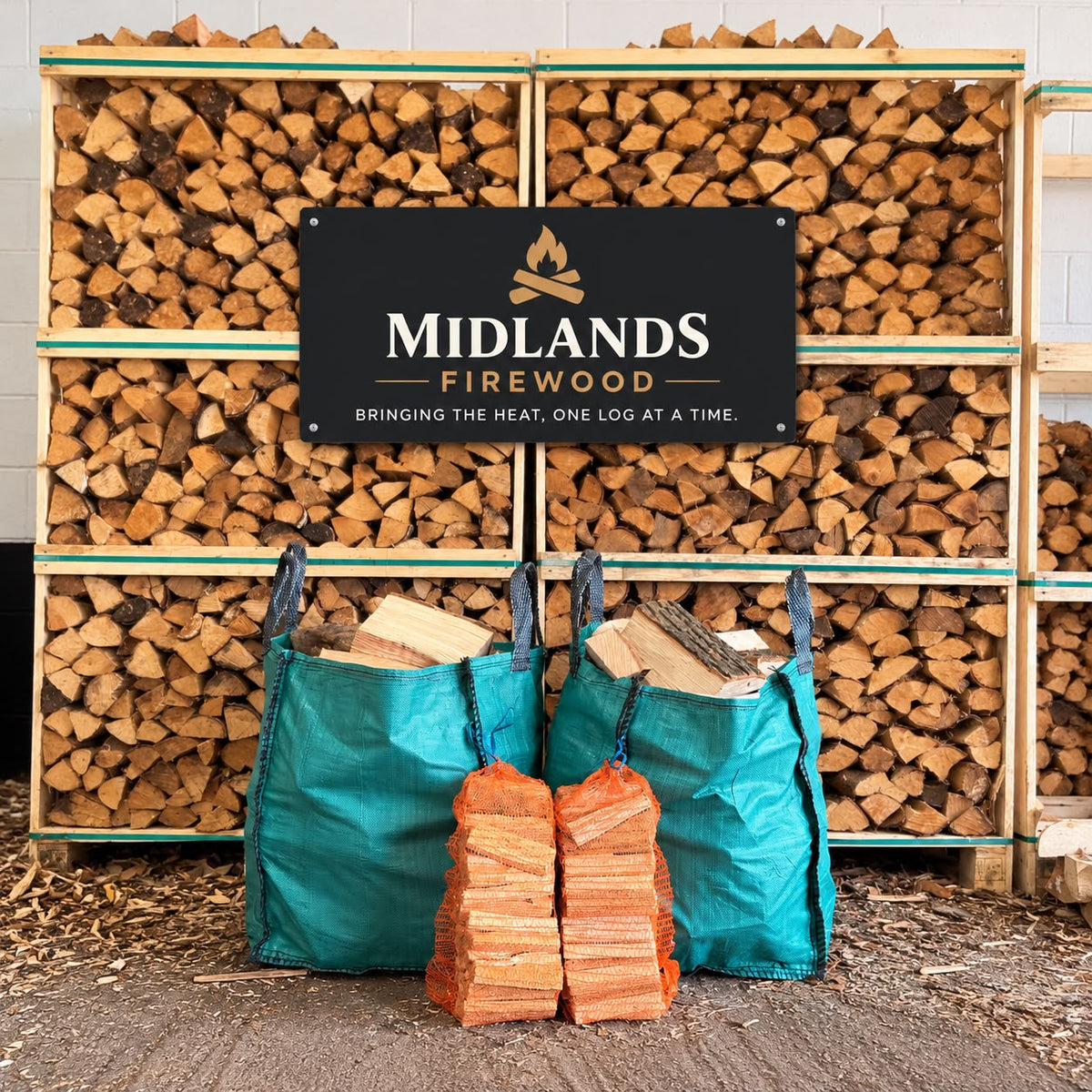 Two green barrow bags of kiln-dried firewood with two kindling packs at Midlands Firewood