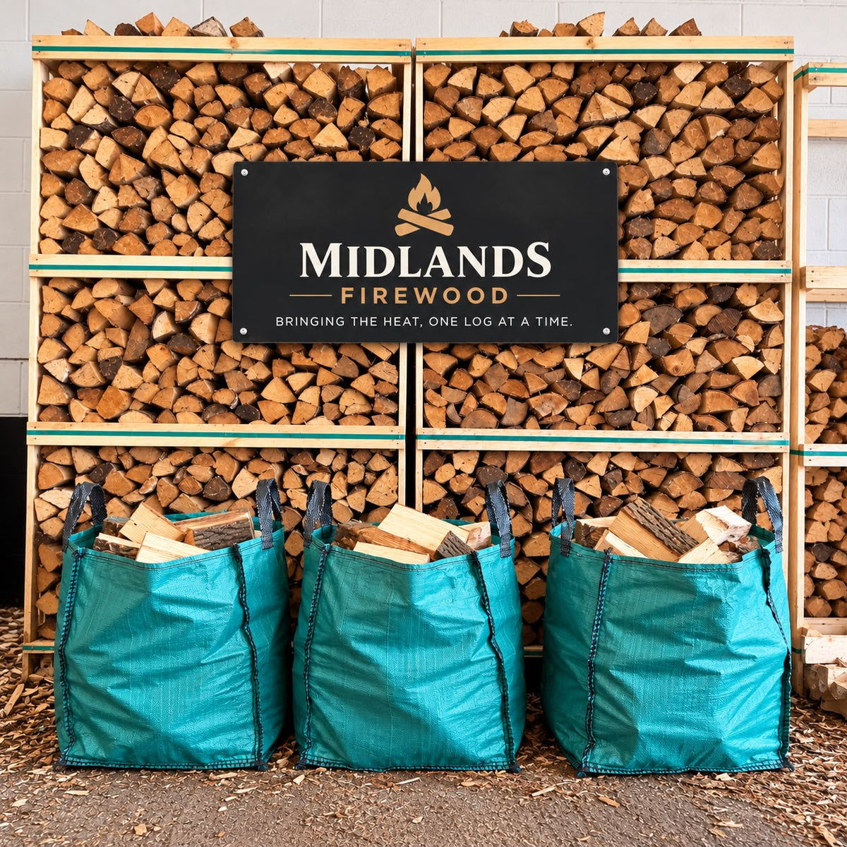 Three green barrow bags filled with kiln-dried hardwood logs at Midlands Firewood